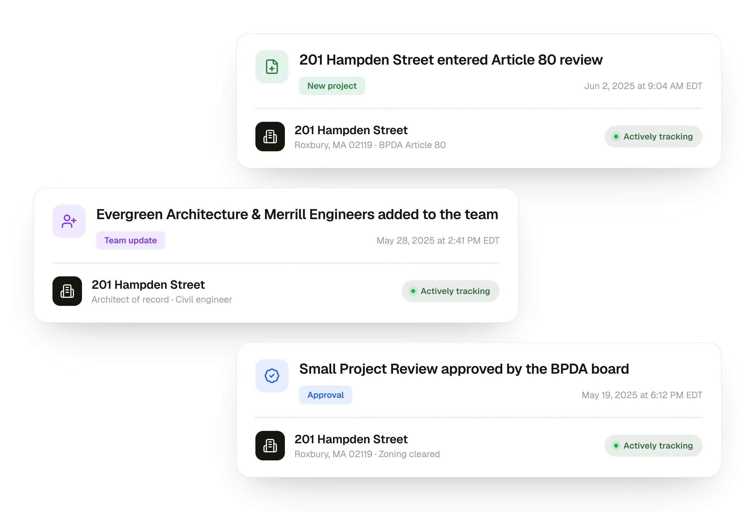Parcel signal feed for a tracked Boston project, 201 Hampden Street in Roxbury, showing a new Article 80 project, an architect and engineer team update, and a BPDA board approval.