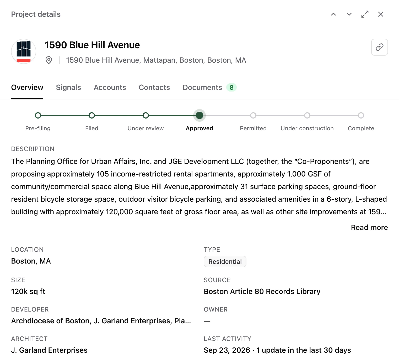 Parcel project drawer for 1590 Blue Hill Avenue in Mattapan, Boston: approved stage on the filing timeline, the project description, and the developer, architect, size, source and last activity.